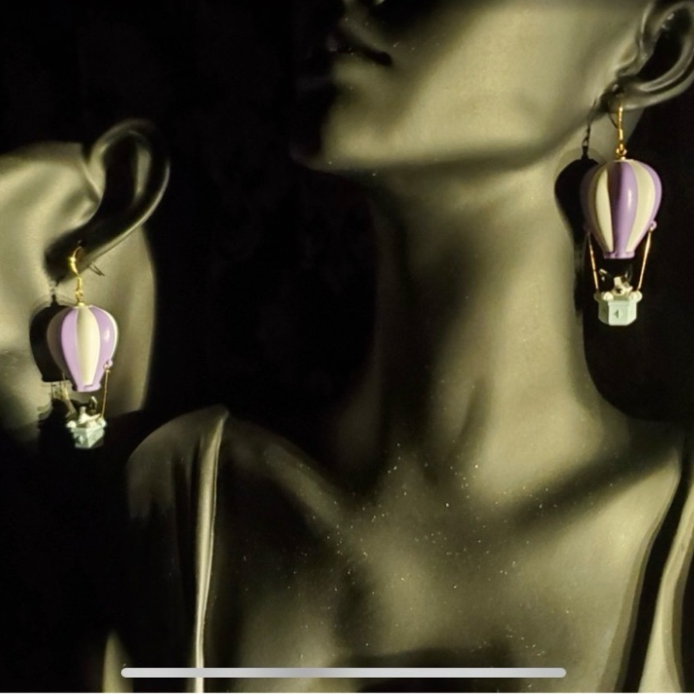 Elegant Cartoon Polar Bear Purple and Gold Hot Air Balloon Earrings